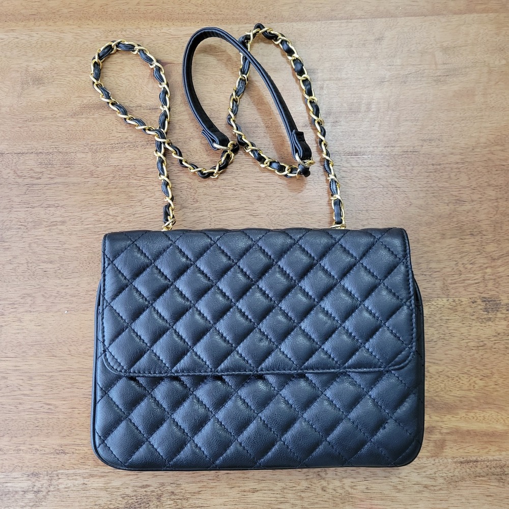 Hilliard & Hanson Shoulder Bag Black Quilted Gold Chain Strap